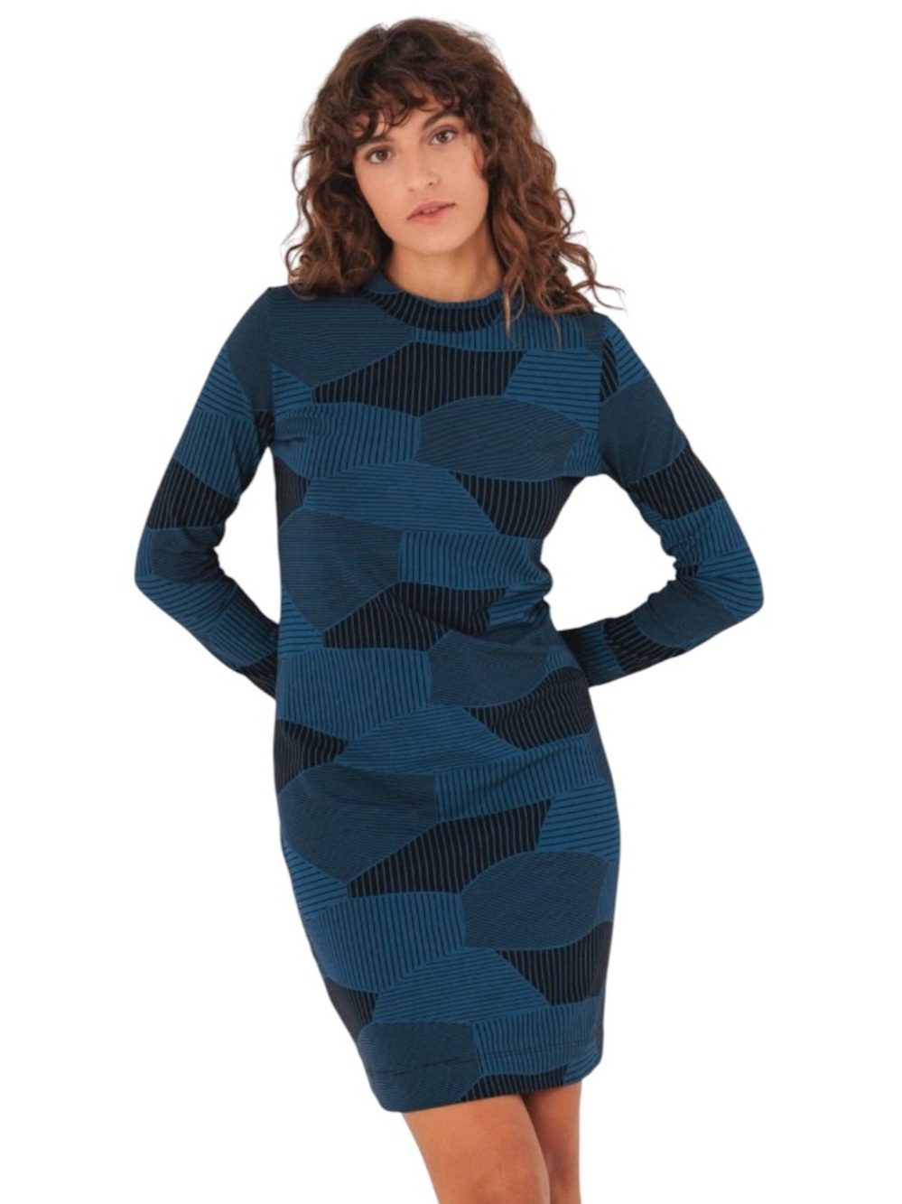 SKFK Bioleta GOTS Organic Cotton Geometric Mini Dress Blue Black 6 NWT